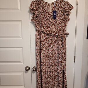 *NWT** LILBETTER Summer Dress Maxi Red&Blue Floral V Neck Ruffle Casual Size 2XL